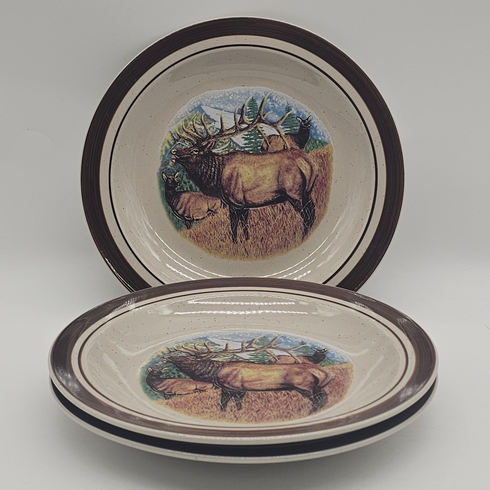 3 Cabela's Folkcraft Stoneware Scotty Z Bugling Elk Salad Plates 8.75 in